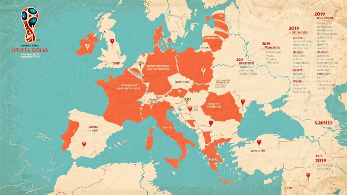 世界杯决赛举办城市对比地图风格插画